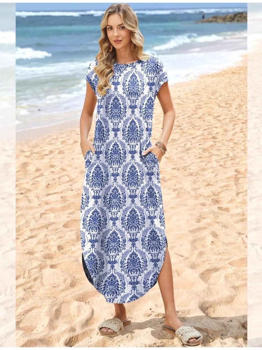 〽️Women Floral Boho Khaki Blue Cap Sleeve Crewneck Casual Long Summer Maxi Dress